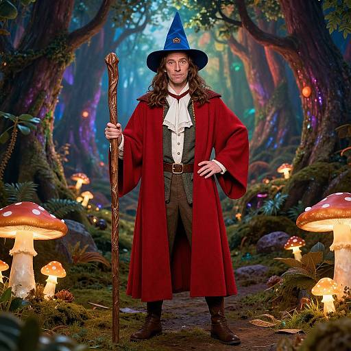Photograph of a long-haired man in a blue wizard hat, red robe, holding a staff, standing in a magical forest with glowing mushrooms.