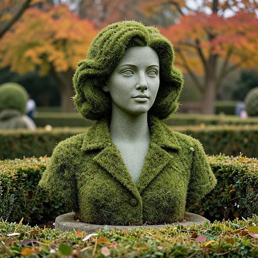 Photograph of a topiary statue of a woman with green, textured hair and jacket, standing in a manicured garden with autumn-colored trees in