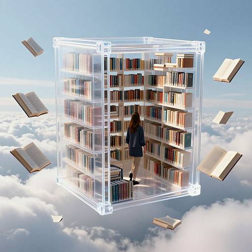 Digital art: Anime girl in blue skirt stands on floating, glowing bookshelf with books, surrounded by flying open books, above cloudy sky.