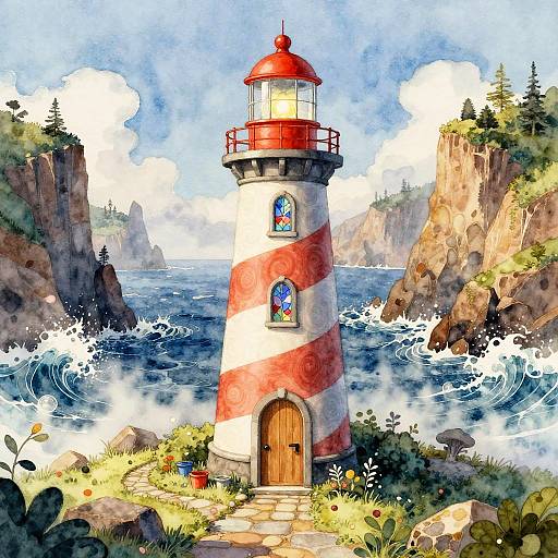 Colorful digital painting of a red-and-white striped lighthouse with stained glass windows, surrounded by crashing waves, rocky cliffs, and lush greenery under