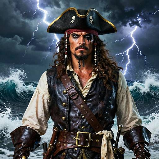 Photograph of a menacing pirate with long hair, black tricorn hat, white shirt, and brown vest, standing in stormy sea, lightning bolts