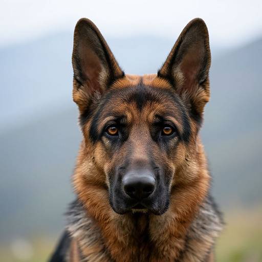 Close-up photograph of a German Shepherd with alert, dark eyes, and a mix of brown and black fur, set against a blurred mountainous background.