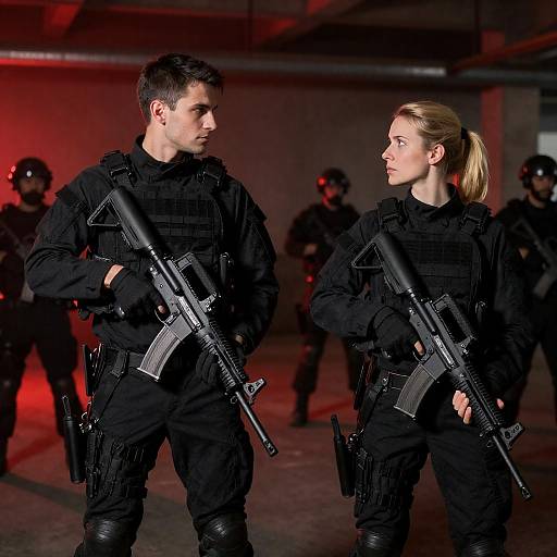 Confrontation in a Red-lit Industrial Scene