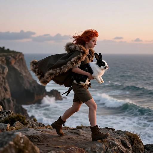 Photograph of a red-haired woman in fur cloak, shorts, and boots, running along a rocky coastal cliff with a black and white rabbit, sunset