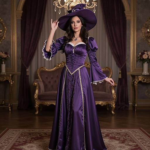 Photograph of a fair-skinned woman with dark hair in a Victorian-style purple gown and wide-brimmed hat, standing in an ornate,