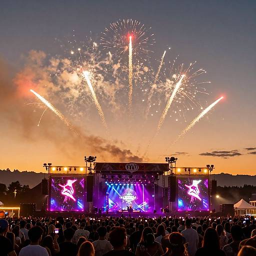 Photograph of a vibrant outdoor concert at sunset, featuring a large stage with colorful lights, silhouetted crowd, and spectacular fireworks exploding against the