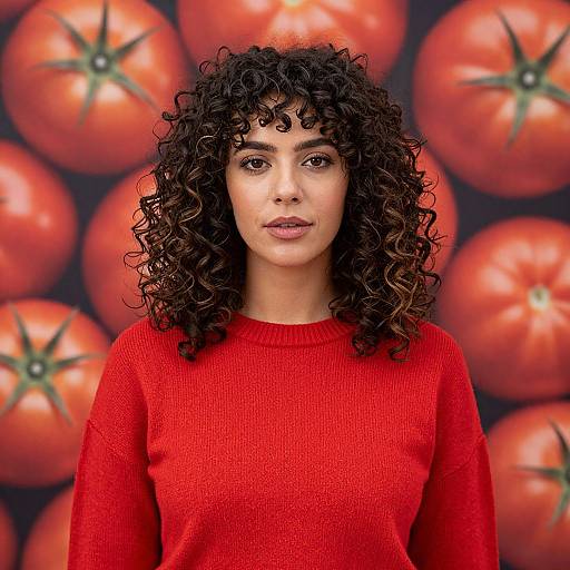 Photograph of a woman with curly black hair, wearing a red sweater, against a background of large, blurred red tomatoes.