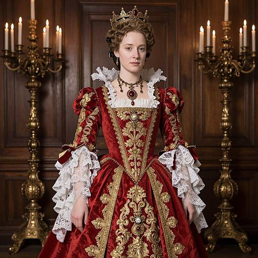 Elizabethan Woman in Regal Red Gown