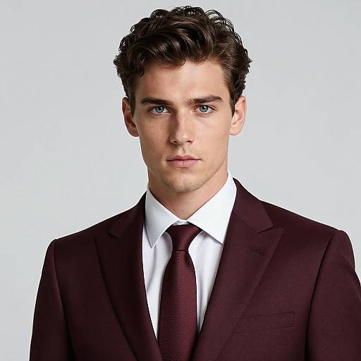 Photograph of a handsome young man with fair skin, blue eyes, and dark curly hair, wearing a maroon suit, white shirt, and matching