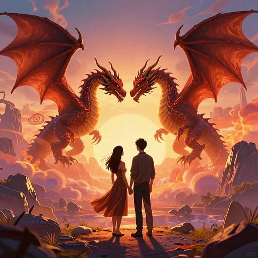 Digital artwork of a silhouetted couple standing before two fiery red dragons with outstretched wings against a vibrant sunset sky.