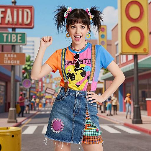 Digital art of a vibrant, punk-style girl with pigtails, colorful shirt, denim skirt, and flower accessories, standing on a sunny street.