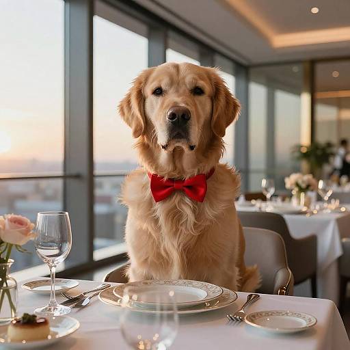 Golden Retriever in Red Bowtie at Elegant Dining Table