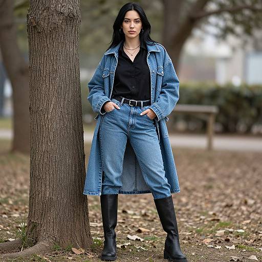 Photograph of a black-haired woman in a blue denim coat, black top, high-waisted jeans, and black boots, standing in a park