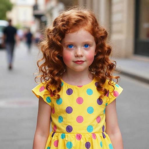Photograph of a young girl with curly red hair, blue eyes, and rosy cheeks, wearing a yellow polka dot dress, standing on a