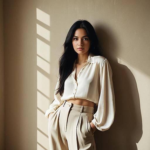 Elegant Woman in Cream Blouse and High-Waisted Trousers