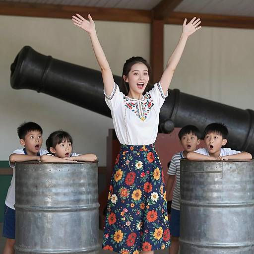 Joyful Woman Surrounded by Curious Children