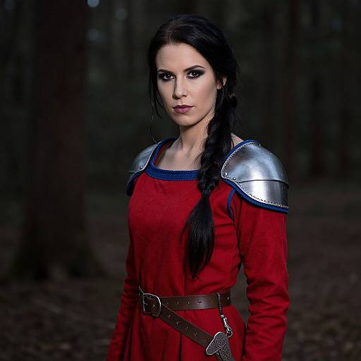 Photograph of a fair-skinned, dark-haired woman in a red medieval tunic with silver shoulder armor, standing in a dark forest.