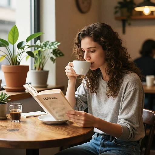Photograph of a curly-haired woman in a gray sweater, sipping from a white cup, reading a newspaper at a wooden table in a sunlight-filled