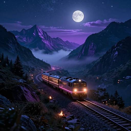 Digital artwork: A glowing moonlit train curves through misty, purple-tinged mountains, illuminated by lights on the tracks and headlights.