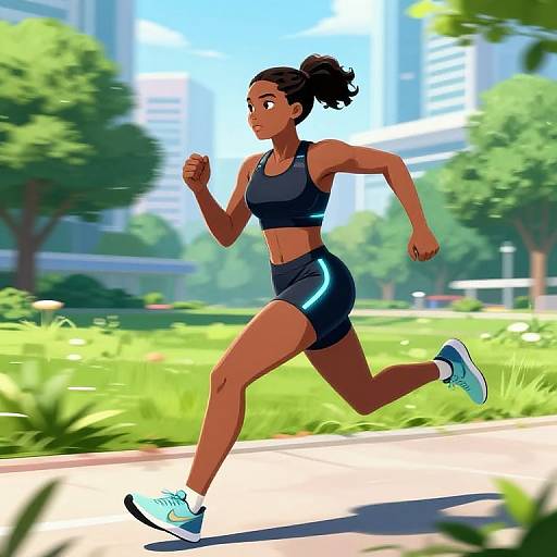 Digital illustration of a dark-skinned woman with black hair in a bun, running in a sunny urban park. She wears a black sports bra, black