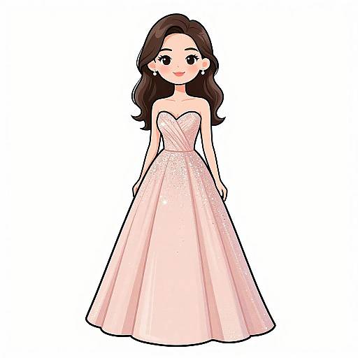 Digital illustration of a cute, young woman with long brown hair, wearing a strapless, pink, sparkling ball gown, standing against a white background.