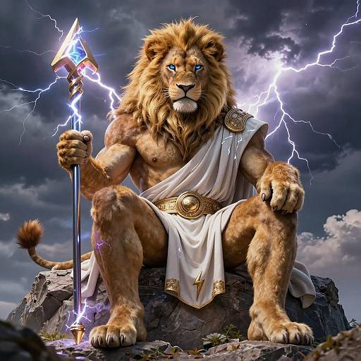 Digital artwork of a muscular, anthropomorphic lion with a majestic mane, seated on a rock, holding a lightning-tipped spear. He wears a white