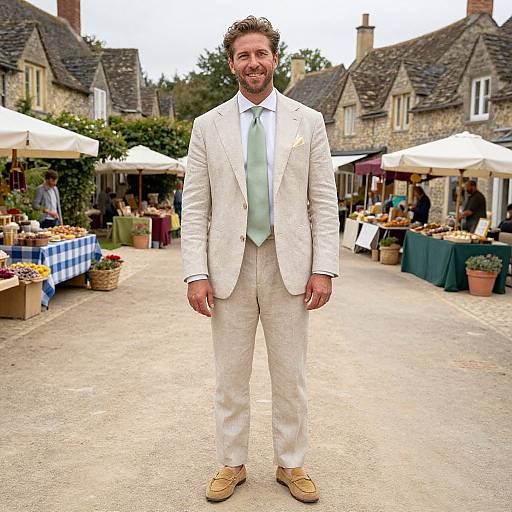 Photograph of a bearded man in a white suit, light green tie, and tan shoes, standing in a quaint, outdoor market with stone cott