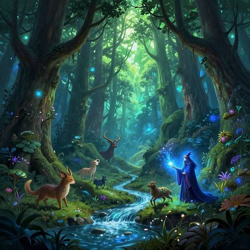 Enchanted Forest with Wizard and Mythical Animals