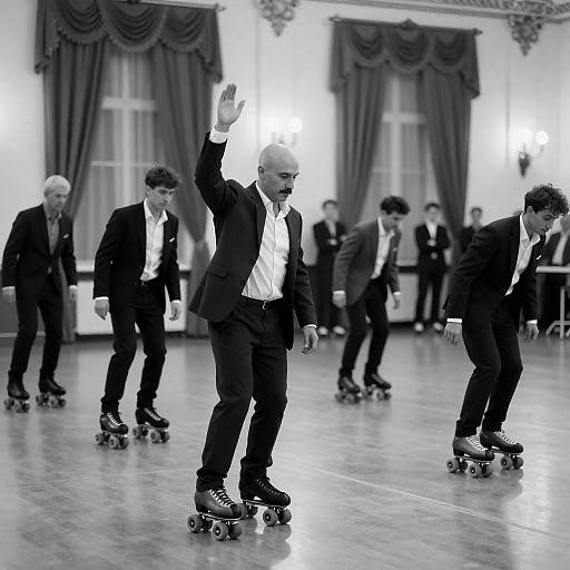 Men Roller Skating Indoors in Formal Attire