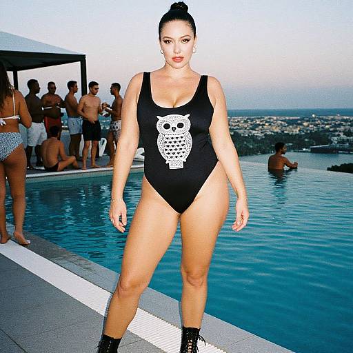 Plus-Size Woman at Rooftop Pool Party