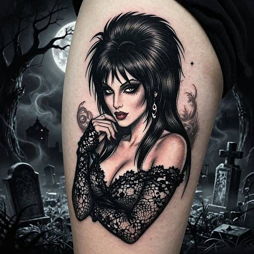 Gothic tattoo of a seductive woman with black lace sleeves, dark lipstick, and long hair, set against a spooky graveyard and full moon.