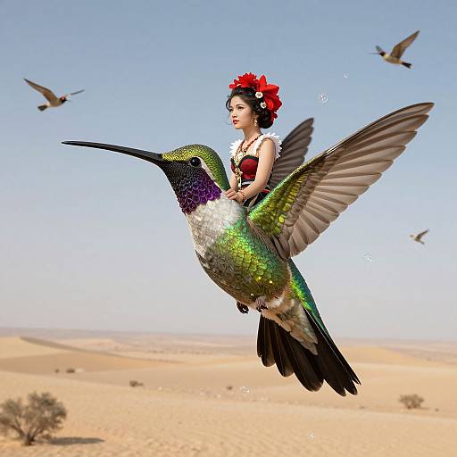 Photorealistic CGI: A woman with red flower hair accessory, wearing a black and white top, rides a glowing green and black hummingbird in a