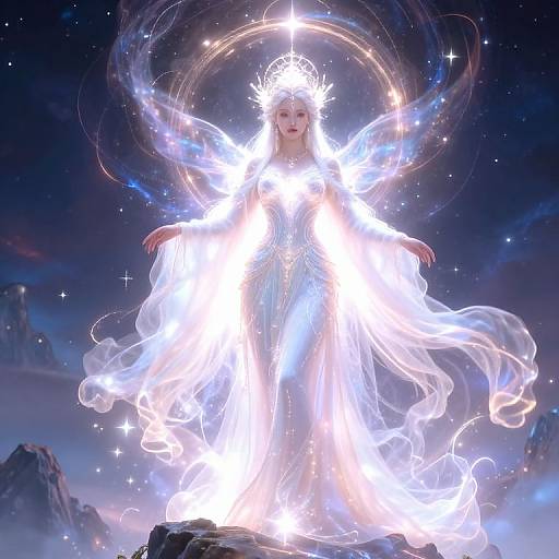 Digital artwork of a radiant, white-winged angel with glowing halo and flowing dress, standing on a rocky mountaintop against a starry, cosmic