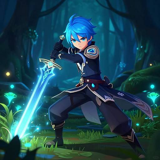 Digital anime artwork of a blue-haired, blue-eyed boy in a dark fantasy outfit, wielding a glowing blue sword in a mystical forest.