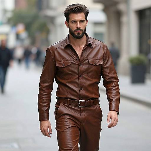 Confident Bearded Man in Leather Suit