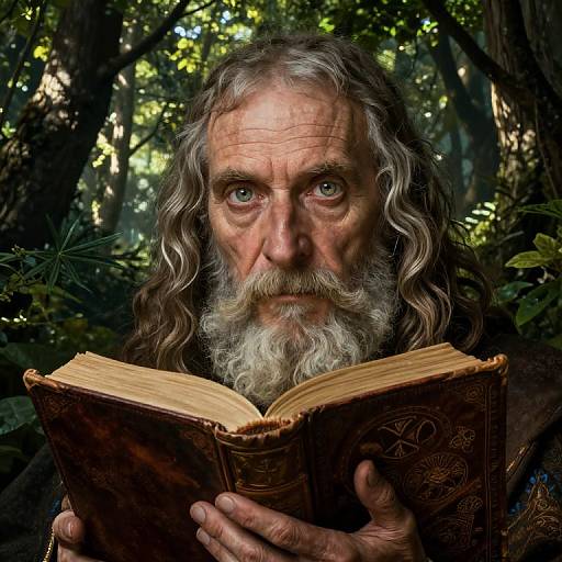 Photograph of an elderly man with long gray wavy hair and a white beard, intensely reading an ornate, leather-bound book in a dense,