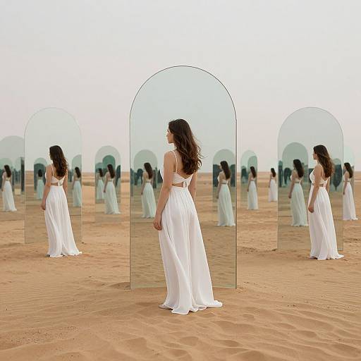 Photograph of a woman with long brown hair in a white, backless, flowing dress standing in a desert, facing multiple mirrored arches reflecting her