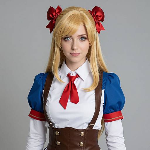 Photograph of a blonde woman in a blue and white anime-style costume with red bows, red tie, and brown suspenders against a grey background.