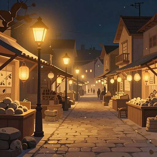 Nighttime, cobblestone street market illuminated by warm, yellow lanterns; wooden stalls with fruit, pottery; people walking in the distance.