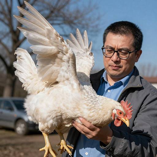 Concentrated Man Holding a Chicken Outdoors