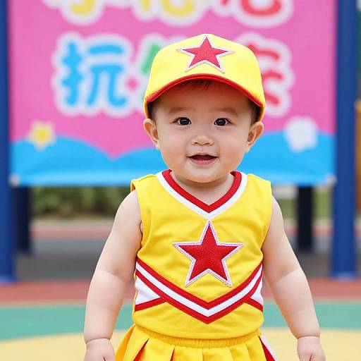 Photograph of a cute Asian baby in a yellow cheerleader outfit with red stars, yellow cap, smiling, blurred colorful background.