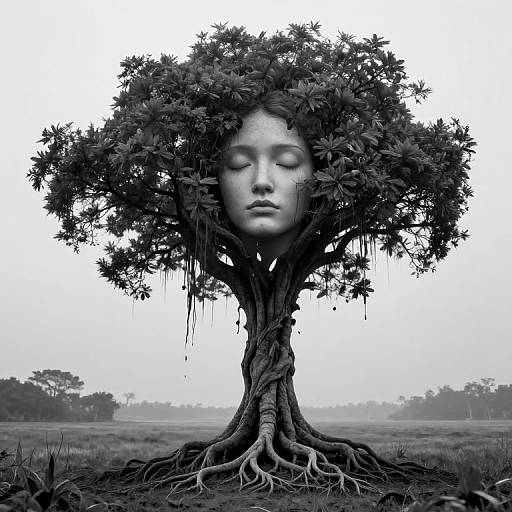 Black-and-white photograph of a tree with a serene, faceless woman's head in its foliage, roots visible, in a foggy field.