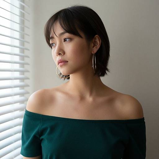 Photograph of an Asian woman with short black hair, wearing an off-shoulder dark green top and large hoop earrings, standing in front of white