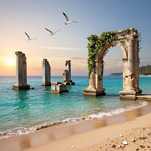 Serene Ocean Shore with Ancient Ruins