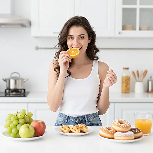 Photograph of a smiling brunette woman in a white tank top, eating an orange slice in a bright white kitchen, surrounded by fruit, donuts,