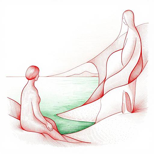 Abstract digital drawing of red and green humanoid figures in a curved, flowing composition with minimalistic lines and a gradient background.
