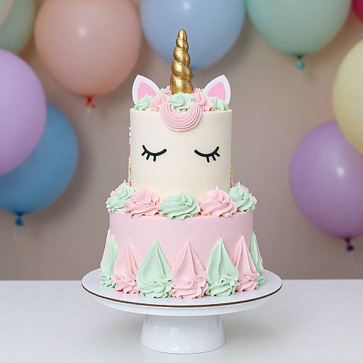Photograph of a pastel-themed unicorn cake with pink and mint green frosting, a gold horn, and cat ears, displayed on a white stand against