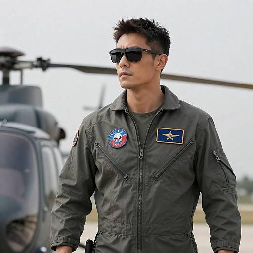 Man in Flight Suit Standing by Helicopter