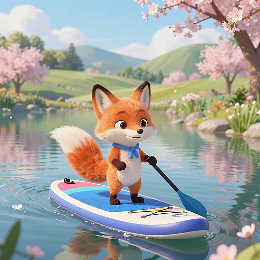 Cheerful Animated Fox on Paddleboard