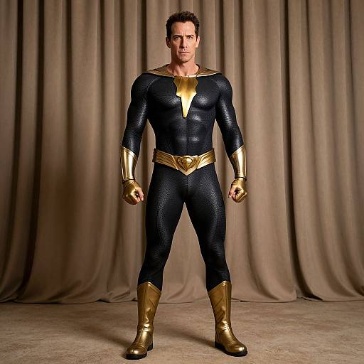 Photograph of a muscular man in a black, textured superhero suit with gold accents, standing against beige curtains.